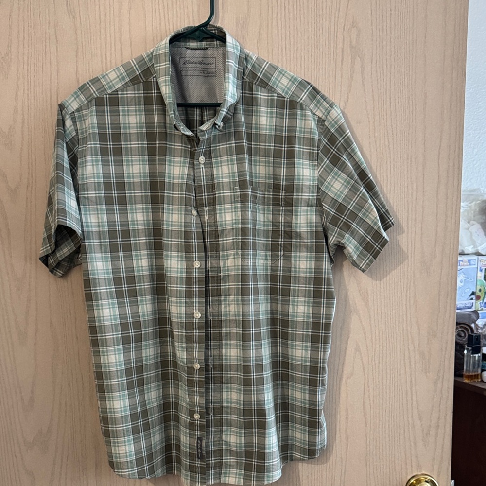 Eddie Bauer Olive and White Plaid Shirt